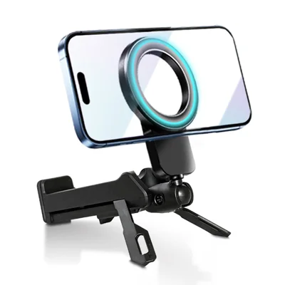 Foldable Magnetic Phone Stand Rotating Clip Phone Holder for Desk Car Live Streaming - black