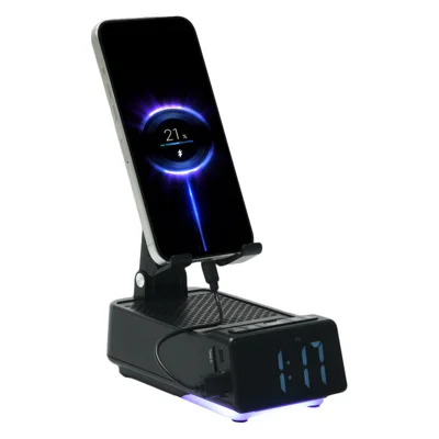 F30 Smartphone Stand Speaker LED Night Light Bluetooth-Compatible Foldable Desk Holder with Clock Ambient Lighting - Black/Foldable
