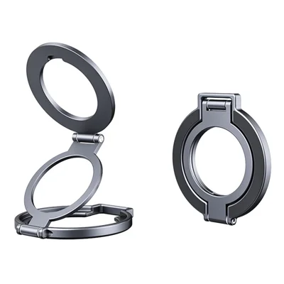 T15S Rotating Phone Stand 360-Degree Foldable Ring Holder Aluminum Alloy Dual Magnetic Desktop Mount - Grey