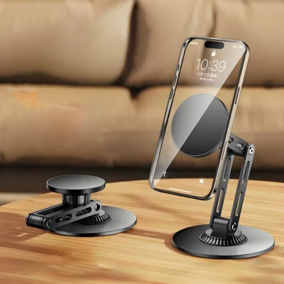 Soporte de Escritorio Magnético para Teléfono, Soporte Ajustable de Tres Ejes de Metal para Transmisiones en Vivo / Ver Películas - Negro