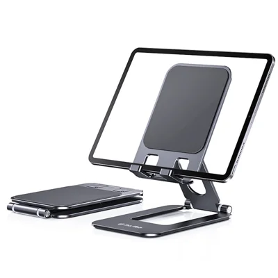 T2 MAX klappbar holder til telefon og tablet i aluminiumslegering, bærbar skrivebords holder til kontor, studie og underholdning - Grå