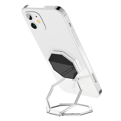 Klappeligt metalmagnetisk desktop ringformet holder til telefon og tablet, zinklegeret telefonstøtte - Sølv