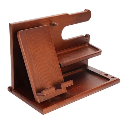 00659 Solid Wooden Phone Stand Multi-Functional Bedside Organizer for iPhone 16 / 16 Plus / 16 Pro / 16 Pro Max