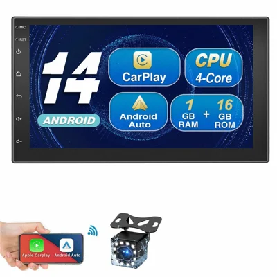 R913A 1+16GB Lettore Stereo Auto 2 DIN da 7 Pollici Android 14 CarPlay Navigatore GPS con Schermo IPS HD e Fotocamera Posteriore a 12 LED