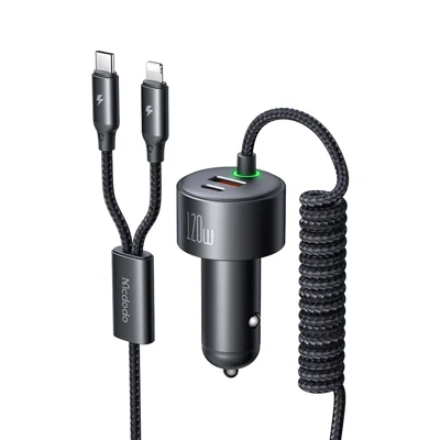 MCDODO CC-037 120W Dual Port Car Charger Fast Charging Spring Cable Charger with USB-C  /  iP Cables