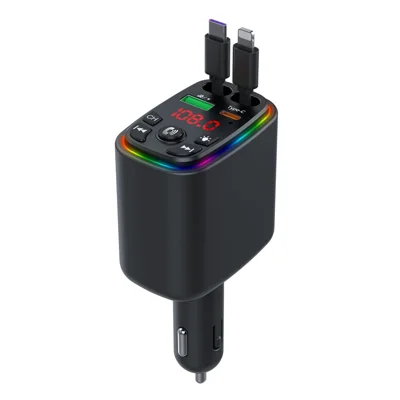 Y9 Voltage Display Car Charger MP3 Player with Retractable Type C + iP Cable Bluetooth-Compatible FM Transmitter