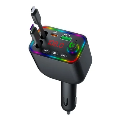 L4 Super Fast Charging Car Charger MP3 Player with Retractable Type C + iP Cable Bluetooth-Compatible FM Transmitter