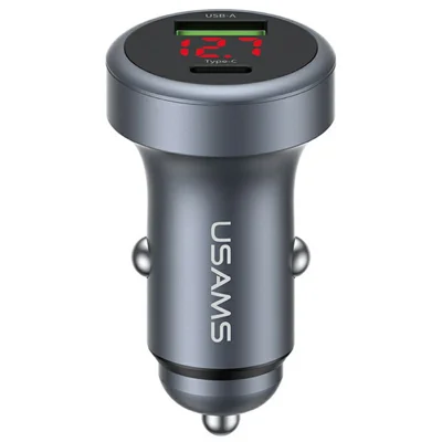 USAMS CC327 C44 Cargador de Coche Dual USB-A + Type-C 45 W de Carga Rápida Adaptador de Aluminio con Pantalla de Voltaje