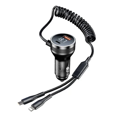 AZEADA PD-C37 USB-A + Type-C 66W Fast Charging Car Charger with Type-C + iP Spring Cables - Black