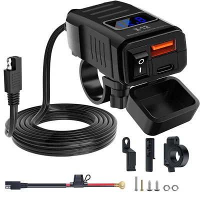 X-12 Lenkerhalterung USB + Typ-C Motorrad-Ladegerät mit Spannungsanzeige Schnelllade-Adapter mit Schalter - Schwarz