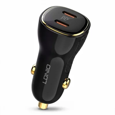 LDNIO C104 60W Dual USB-C Car Charger PD30W + PPS Fast Charging Car Adapter for iPhone Samsung - Black