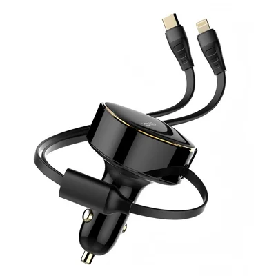 LDNIO C107 30W Car Charger PD QC Fast Charging Car Adapter with Retractable iP (5-14) & Type-C Cable - Black