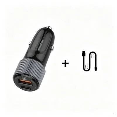 LDNIO C510Q شاحن سيارة بمنفذين 36 واط مع كابل USB-C إلى USB-C 20 واط PD3.0 18 واط QC3.0 محول شحن سريع للهاتف اللوحي - أسود