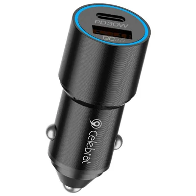 CELEBRAT CC19 biluppladdare QC 3.0 22,5 W USB + PD 30 W Type-C dubbelport snabbladdare med atmosfärsljus – Svart