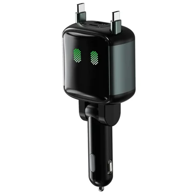 GE15 4-Port Car Charger 65W PD Fast Charging Dual Retractable Cable with LED Ambient Light - Black