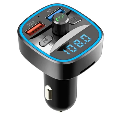 T25S Bluetooth-compatible 5.0 FM Transmitter, Dual USB Car Charger with One QC3.0 Port, Hands-Free Calling, Voltage Display for 12V Cars - Black
