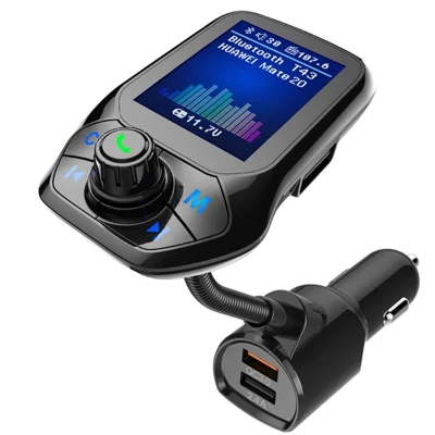 T43 Car Bluetooth-compatible MP3 Player, FM Transmitter, Color Display, 5 Sound Modes, Hands-Free Calls, QC3.0 + 2.4A Dual USB Charger - Black