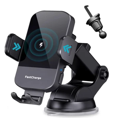 M12 15W Qi Car Phone Mount, Auto-Clamping 360-Degree Rotating Vent Clip + Suction Cup Base, Fits 58-94mm Phones - Black