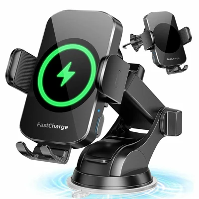 M15A 15W Qi Wireless Car Phone Mount with Auto Sensing Clamp, Suction Cup + Vent Mount, 360-Degree Rotation