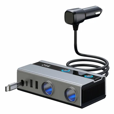 GC11 6-in-1 120W 12V Car Cigarette Lighter Adapter, 2 Sockets, 2 USB-A, USB-C, 65W PD Retractable Type-C Cable, LED Voltage Display