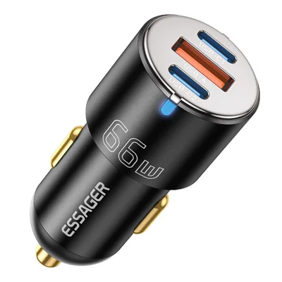 ESSAGER F689 66W Dual USB C + USB A 3-ports biloplader til telefon - Sort