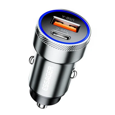 ESSAGER 54W USB+Type-C snabbuppladdningsadapter för telefon, mini biluppladdare i ABS+aluminiumlegering - Grå
