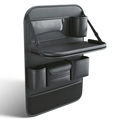 Leather Car Seat Back Organizer Hanging Waterproof Storage Bag with Foldable Table - Black