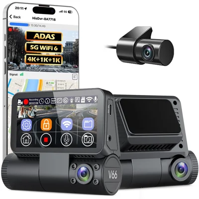 Cámara para el salpicadero V66 4K pantalla táctil 3 canales cámara delantera, de cabina y trasera WiFi 5GHz GPS ADAS visión nocturna DVR para coche - Negro