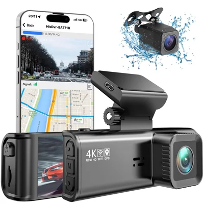 V56 4K 1080P Dashcam vorne und hinten Kamera GPS 5 GHz WLAN Nachtsicht Parküberwachung Auto-DVR – Schwarz