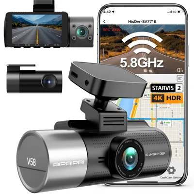 V58 3-Channel Dash Cam 4K Front + 1080P Rear + 1080P Cabin Built-in GPS 5.8GHz WiFi IR Night Vision Super Capacitor for Car