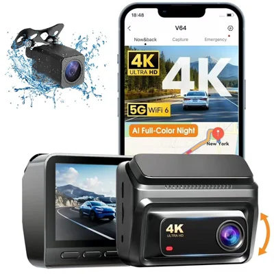 V64 4K Front + 1080P Rear Dash Cam 2.0 IPS Screen 5G WiFi 6 AI Night Vision Super Capacitor Parking Monitor (without TF Card) - Black