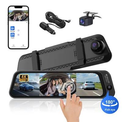 S480-1 24H Parking Monitor Front 4K+Interior 2K+Rear 2K 3-Channel Dash Cam 9.66 inch Touchscreen Rearview Mirror with WiFi, ACC Powered - Black