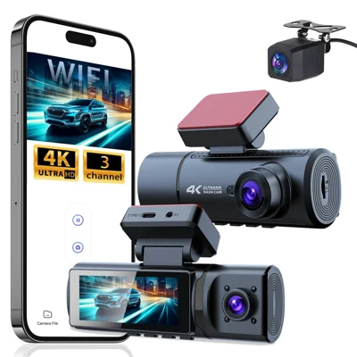 V20 Front 4K + Interior 1K + Rear 1K 3-Channel Dash Cam WiFi G-Sensor Car DVR, Car Charger Powered - Black