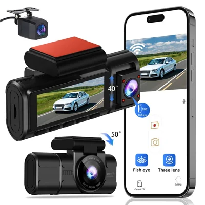 K39 Car Dash Cam 4K + 1080P + 1080P WiFi Night Vision 3-Channel Dashcam with Car Charger for Driving - Black