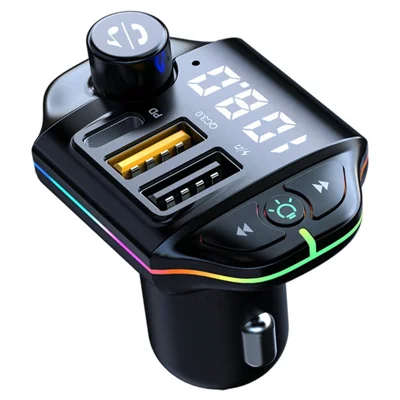 ZTB-A10 Bluetooth-kompatibles 5.0 FM-Sender Freisprech-Telefoniefunktion Auto MP3-Musik-Player mit farbigem Licht Type-C + Dual USB-Auto-Ladegerät