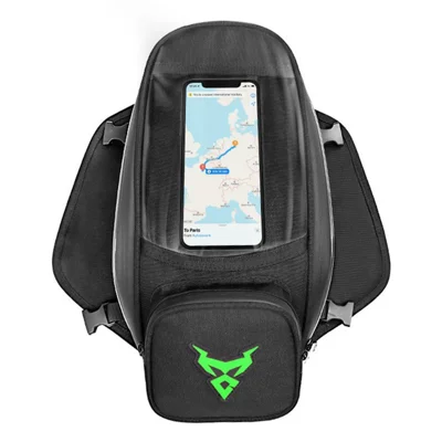 MOTOCENTRIC 11-MC-0109 Sac de réservoir de moto en tissu Oxford 1200D avec poche tactile pour téléphone - Logo vert