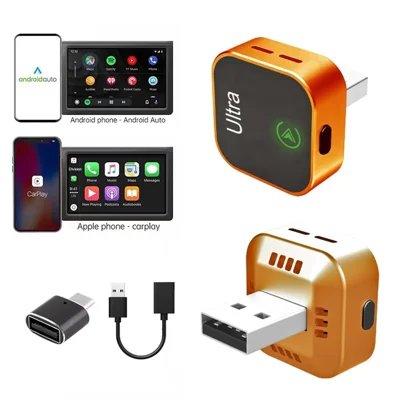 K15 2 in 1 Wireless CarPlay Box Android Auto USB Dongle with Adapter and Extension Cable - Orange