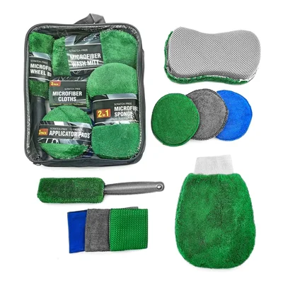 Kit de Lavagem de Carro 9 Peças Ferramentas de Detalhamento Automotivo para Limpeza do Para-brisa, Capô e Portas - Verde / Tecido Oxford