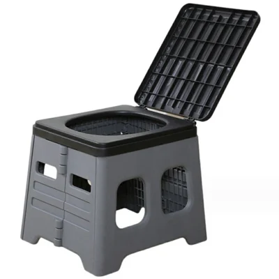 Portable Folding Toilet Seat for Car Travel Space Saving Outdoor Camping Commode Chair with Lid - Grey