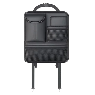 Car Seat Back Organizer Waterproof PU Leather Tissue Holder Multi-Pocket Storage Bag Kick Mat - Black