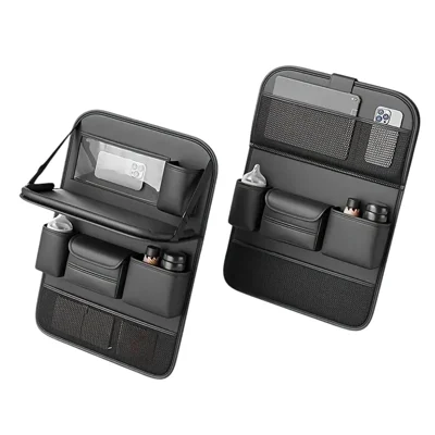 Nappa Texture PU Leather Car Backseat Storage Bag Multi Pocket Seat Organizer with Folding Tray - Black