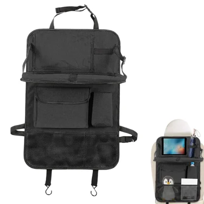 Universal Car Seat Back Organizer Oxford Fabric Multi-Pocket Storage Bag with Folding Tray - Black