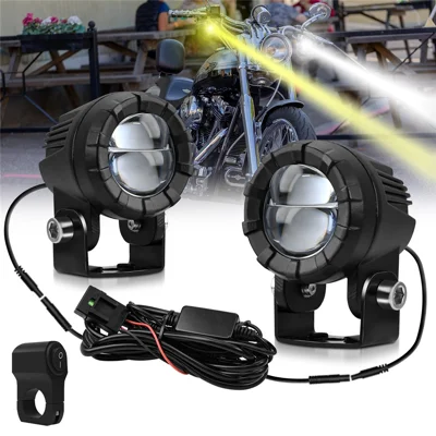 SK2 2Pcs 6 Modes Dual Lens Motorcycle LED Spotlight High Low Beam Headlight with Control Wire Kit