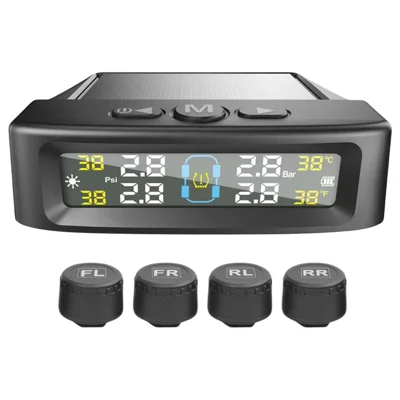 نظام مراقبة ضغط إطارات T12 TPMS للسيارات مع عرض في الوقت الفعلي، شحن بالطاقة الشمسية / USB مع 4 أجهزة استشعار خارجية