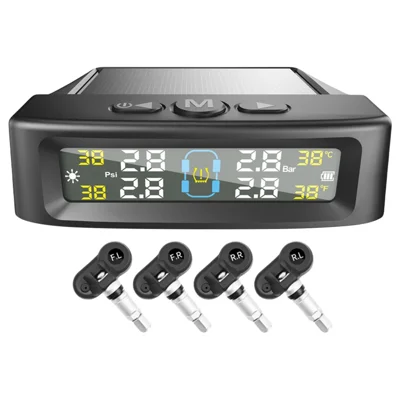 T12 TPMS system för övervakning av däcktryck för bilar, visning i realtid, sol- / USB-laddning med 4 inbyggda sensorer