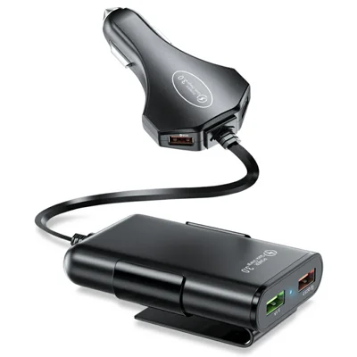 4 USB Ports Car Charger 3.1A QC3.0 Fast Charging Adapter with 5.6ft Cable for Front and Rear Seat Passengers - Black