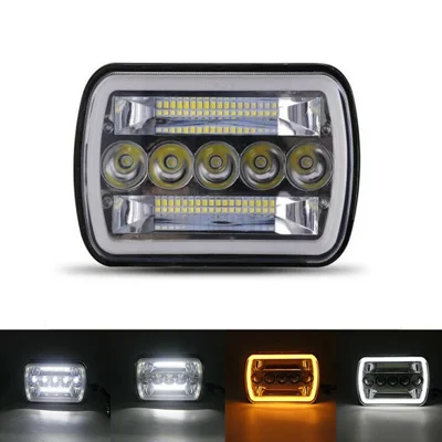 7 Inch 5-LED Square Headlight Dual Color High Low Beam Car DRL Turn Signal Daytime Running Lamp