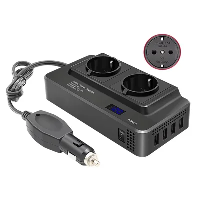 12 V till 220 V omvandlare med digital display 200 W bilomvandlare med dubbla EU-uttag och 4 USB-portar