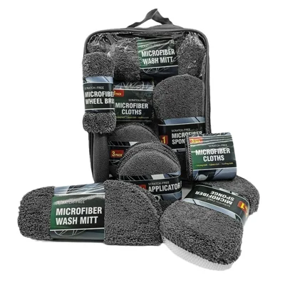 Kit de lavage de voiture 9 pièces en microfibre, chiffon, éponge, applicateur de cire, brosse pour jantes, nettoyage sans rayures - Gris