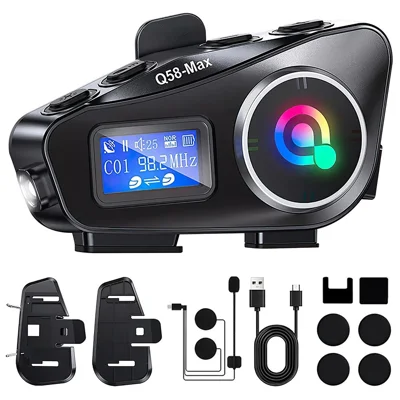 Q58Max 500 m Reichweite Motorradhelm Bluetooth-kompatibles Intercom-Headset FM-Radio mit LED-Licht, Hartmikrofon